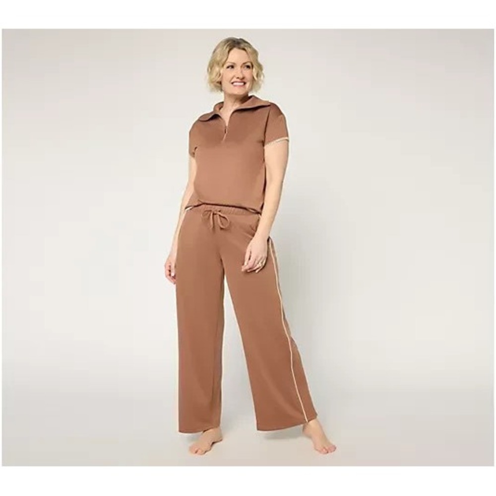 MUK LUKS French Terry Quarter Zip Short Sleeve Lounge Set Brown, Medium